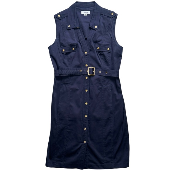 Calvin Klein Shirt Dress Women’s Sz 12 Navy Blue Sleeveless Midi V-Neck Belt - Picture 2 of 12
